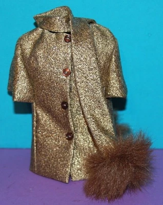 CHAQUETA TWEED VINTAGE BARBIE DORADA n GLAMOUR #1647 con BUFANDA RECORTADA DE PIEL REPRO Foto 1 de 4