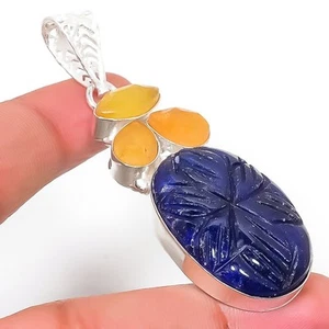 Ciondolo gioiello in argento sterling 925 con giada blu simulato blu 2,56" - Foto 1 di 5