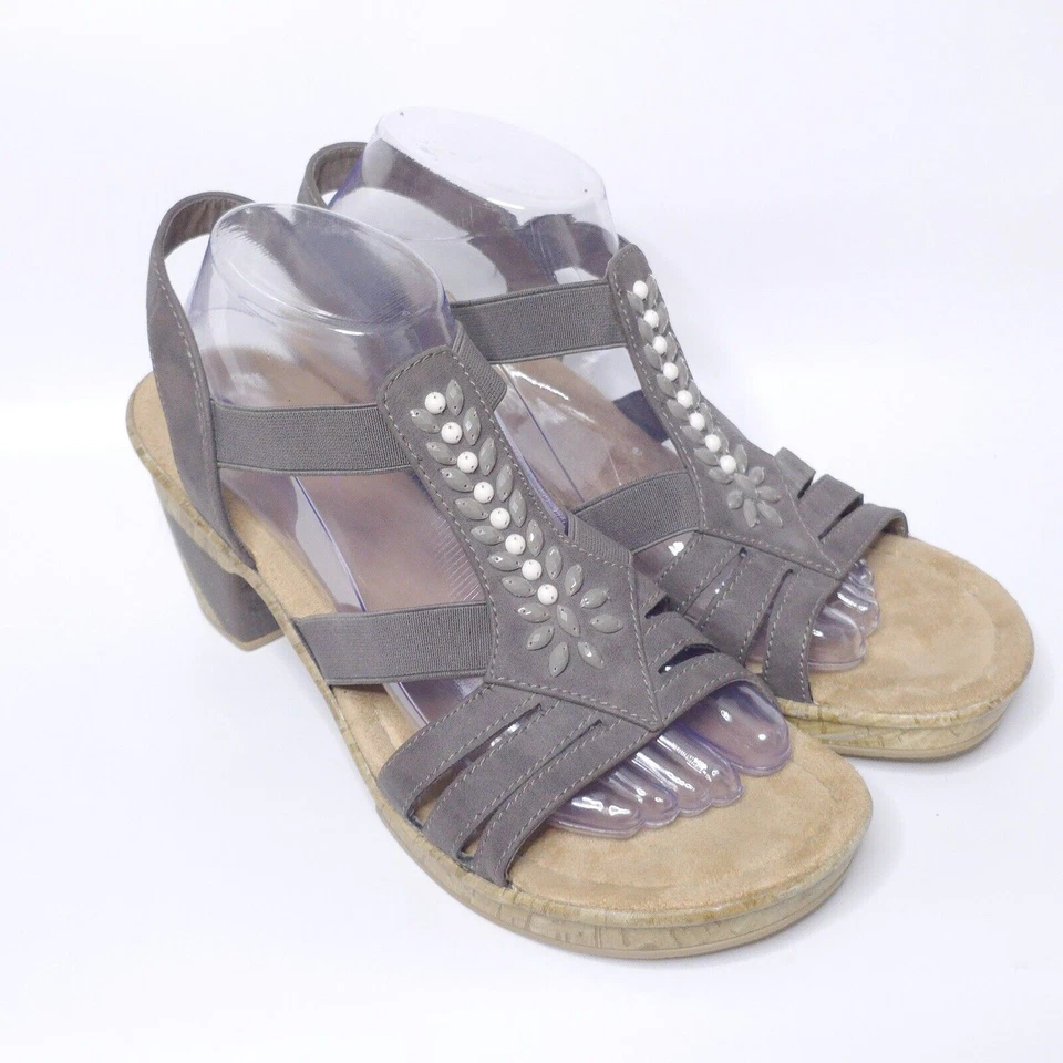 Sandálias elásticas de couro enfeitado RIEKER salto bloco cinza claro tamanho 42 UE 10-10,5 EUA - Imagem 1 de 4