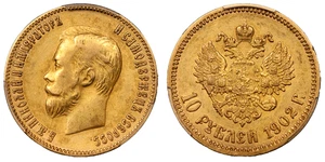 Goldmünze Kaiserreich 10 Rubel 1902 - Ära Nikolaus II. PCGS AU50 - Bild 1 von 3