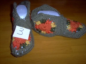 Handcrafted/crochet slippers, small, granny square, green, gold, orange - Picture 1 of 3