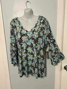 NWT Style&co Blooming Blue Floral Multi V-Neck Top with 3/4 Bell Sleeve Size XL - Picture 1 of 3