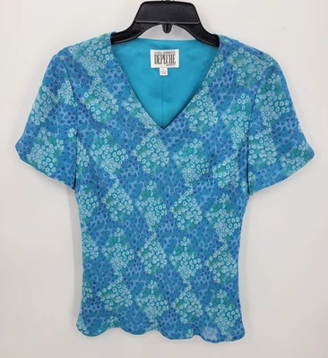 Top Yves Cossette Depeche Mode para mujer 10 azul seda retro años 90 vintage estampado geográfico Foto 1 de 4