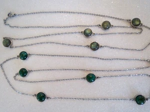 Lot of 2 24"Cabachon Stone Station Chain Link Necklaces Malachite & Green Quartz - Picture 1 of 8