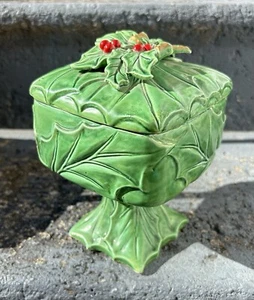 Vintage HOLLY BERRY Pedestal Covered Candy Dish Ceramic Green 7" Rare - Picture 1 of 6