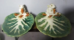 Par de platos antiguos de mayólica francesa caprichosa, repollo y zanahoria - Imagen 1 de 8