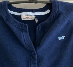 Vineyard Vines Navy Blue Cardigan Sweater Lt Blue Whale Logo sz L or 14 Uniform - Picture 1 of 4