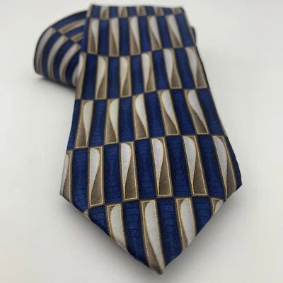 Stanley Blacker Mens Necktie 100% Silk Narrow Blue Silver Gold Brown Geometric - Image 1 of 4