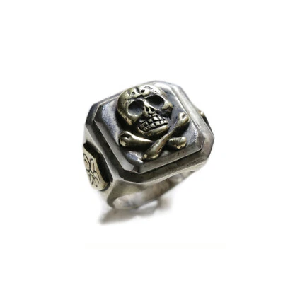 Anillo de motociclista calavera mexicana huesos cruzados plata de ley 925 vintage cuadrado caribeño Foto 1 de 4