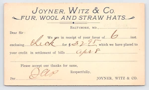 Joyner Witz & Co. Fur Wool Straw Hats Invoice, Baltimore MD, c1901 Postcard - Picture 1 of 3