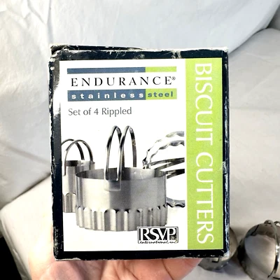 Biscuit Cookie Cutters RSVP Endurance Set of 4 Round Stainless Steel Rippled FSh - Image 1 of 4