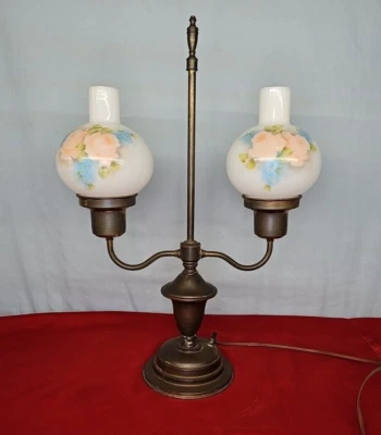 Double Arm Student Style Lamp Hand Painted Milk Shades Signed VTG  19''T x 14W'' - Image 1 of 4