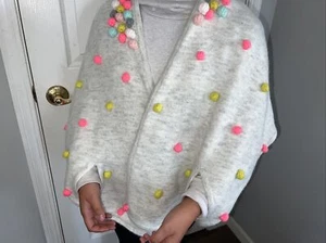 Cat & Jack Girls Ivory/Gray Colorful Pom Cape Poncho Sweater Top L/XL acrylic - Picture 1 of 6