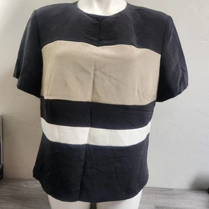 Top vintage Talbots nero marrone taglia 14 bottoni dietro pura seta righe blocco colore - Foto 1 di 11