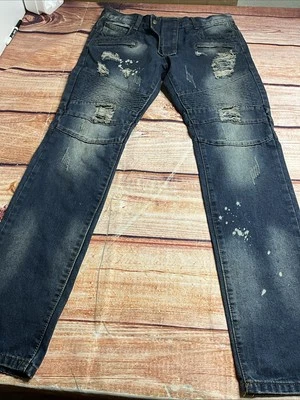 Jeans Balmain Paris masculino moto desgastado jeans slim azul tamanho 36x34 - Imagem 1 de 4