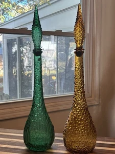 Vintage MCM Empoli Bubble Dekanter Flasche Smaragdgrün Bernstein mit Stopfen - Bild 1 von 8