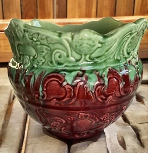 Antigua maceta Weller mayólica Jardiniere rojo oscuro verde esmalte por goteo alrededor de 1900 - Imagen 1 de 16