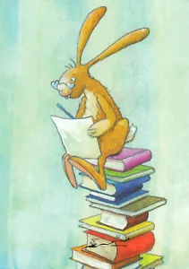 Postkarte: Angela Holzmann - schreibender Hase auf Bücherstapel - Bild 1 von 1