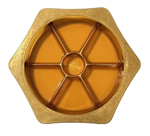 Servizio piatti vintage TIFFIN GLASS ambra diviso vassoio delish bordo oro inciso 13" - Foto 1 di 21