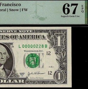 2003A $1 FRN PMG 67EPQ birthday fancy low serial number 00000228 - Picture 1 of 3
