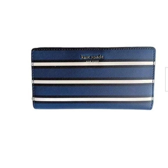 Kate Spade Large Cameron York Stripe Slim Bifold Wallet Wlru5615 Blue Multi