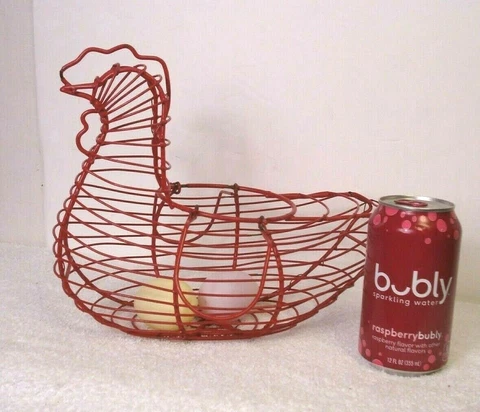 Vtg Chicken hen red plastic coated metal Wire Basket French country Farmhouse Cover