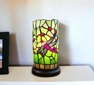 11" Green and Pink Dragonfly Stained Glass Accent Lamp - Image 1 of 4