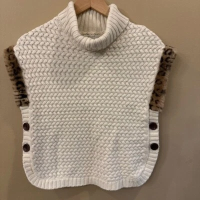 Aspen Kids Faux Fur Sleeveless Turtleneck Knit Poncho Sweater Ivory Large 10/12 - Image 1 of 4