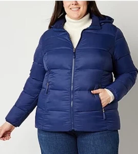 NWT Women's 2X Navy Blue St. John's Bay Puffer Hooded Jacket - Picture 1 of 2