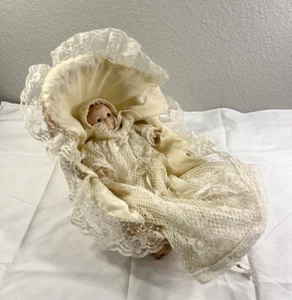 VTG Porcelain Baby Doll in Wicker Bassinet Pull String Music Box Plays Lullaby - Picture 1 of 21