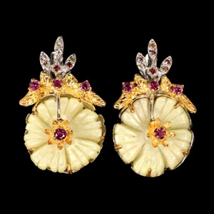 925 Sterling Silver Earrings Sapphire Mop Carving Handmade Gemstone Jewelry - Picture 1 of 9