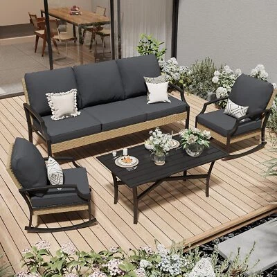 Juego de muebles de conversación de ratán para patio exterior con mesa de centro, mecedora Foto 1 de 4