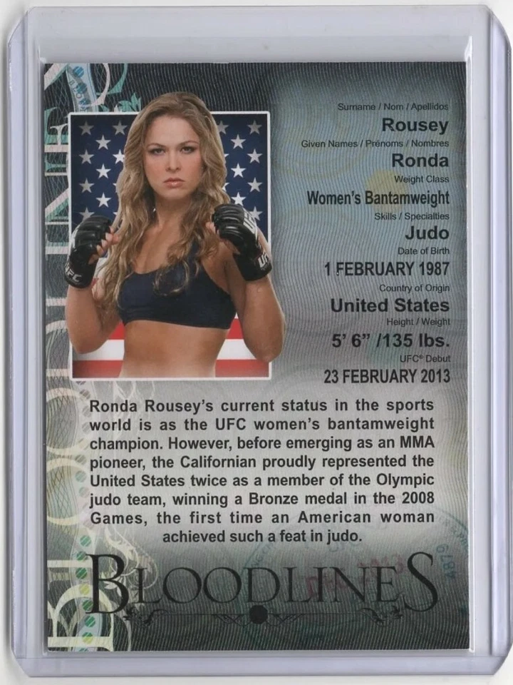 2013 Topps UFC Bloodlines Ronda Rousey Rookie Bio RC Bantamweight Black /88 - Image 1 of 2