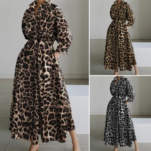 Reino Unido Mujeres Vestido Midi Manga Larga Cintura Elástica Estampado Leopardo Columpio Cóctel Fiesta - Imagen 1 de 14