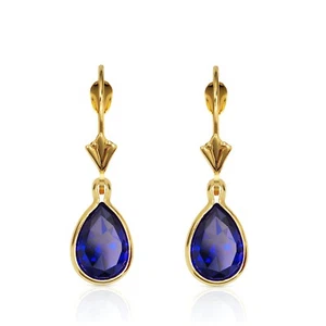 Pendientes de oro amarillo de 14 k con bisel de zafiro azul simulado talla pera de 2,5 quilates - Imagen 1 de 5