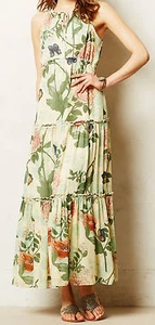 Maeve Ruffled Tiered Maravilla Maxi Dress Size 10 Green Motif NW ANTHROPOLOGIE T - Picture 1 of 3