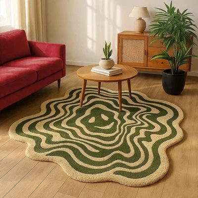 Irregular Shaped Green Cream Colors Abstract 3D Fluffy Handmade Tufted Rug - Image 1 of 4