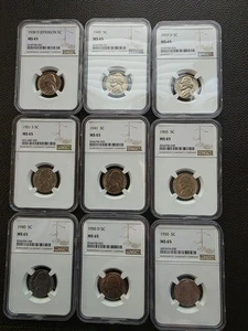 (9) 1938-1965 Jefferson nickels all graded by NGC MS65 a total of 9 coins - Picture 1 of 10