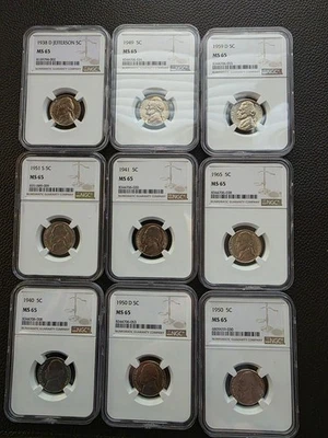 (9) 1938-1965 Jefferson nickels all graded by NGC MS65 a total of 9 coins - Image 1 of 4