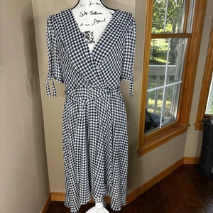 Tommy Hilfiger Dress Womens 12 Black White Houndstooth Midi Belted V Neck Tie - Picture 1 of 20