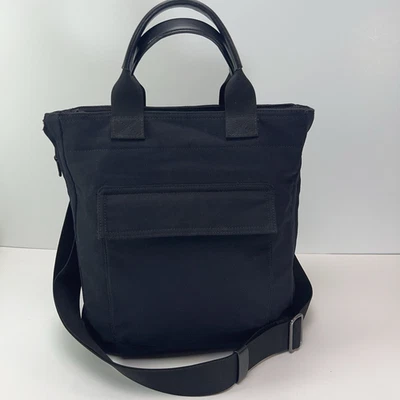 THEORY Messenger Tote Expandable Canvas Shoulder Bag Leather Top Handle Black - Image 1 of 4