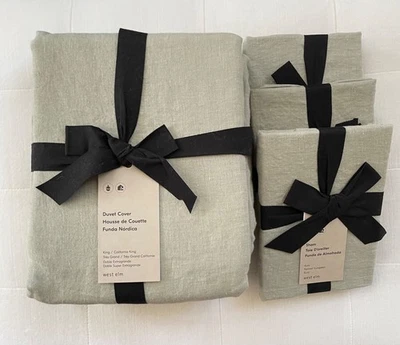 West Elm 4pc EUROPEAN FLAX LINEN Duvet King & 3 Euro Shams Celadon Melange NWT - Image 1 of 3