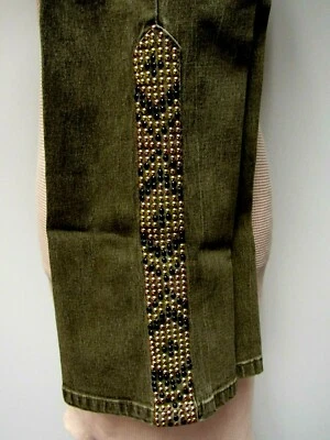 VTG DG2 by DIANE GILMAN Jeans Gold Black Studs Olive Drab 31 1/2 x 33 1/2 14 EUC - Image 1 of 4