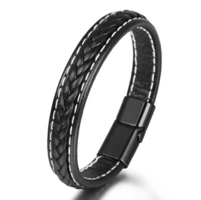 Brazalete brazalete de cuero trenzado negro para hombre con cierre de acero inoxidable B Foto 1 de 4