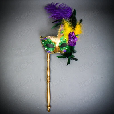 Venetian Elegance Side Feather Masquerade Stick HandHeld Mask Mardi Gras Green - Image 1 of 4