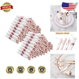 Heavy Duty 100 Pack Rose Gold Plastic Cutlery with Napkins - Perfect for Parties - Picture 1 of 9