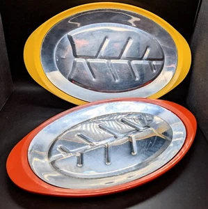 Vtg. 60's 70's Sizzler Set of 2 aluminum Steak Serving Plates Platters orange! - Picture 1 of 4