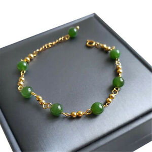 Natural green jade chalcedony 18k Gold chain bracelet Adjustable Fashion