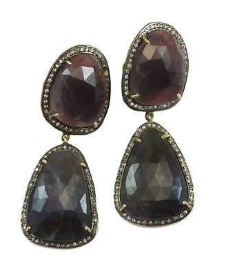 Pendientes de zafiro rojo azul bisel natural doble poste de oro de 18k gotas de 2 pulgadas Foto 1 de 3