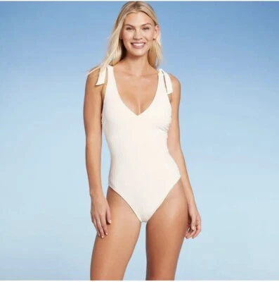 Women's Plunge Front Shoulder Tie Ribbed One Piece Swimsuit Shade & Shore M 8-10 - Image 1 of 4